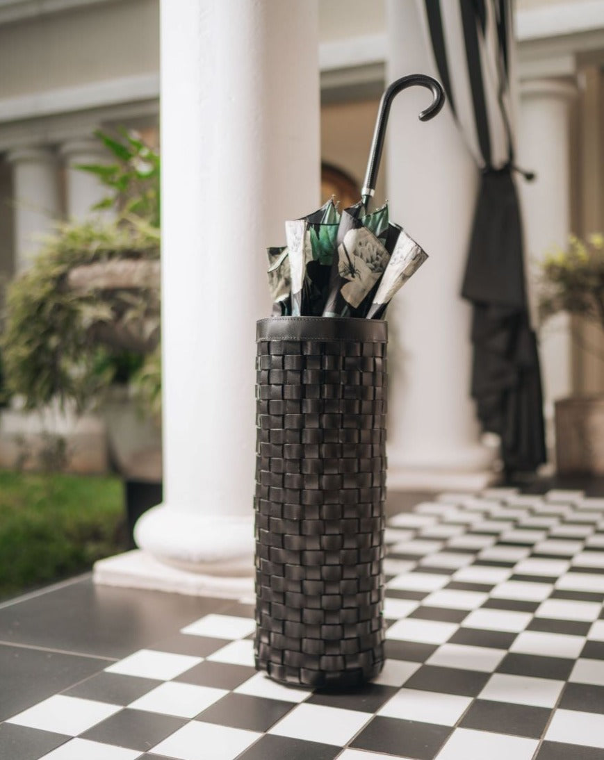 Woven black leather umbrella stand 