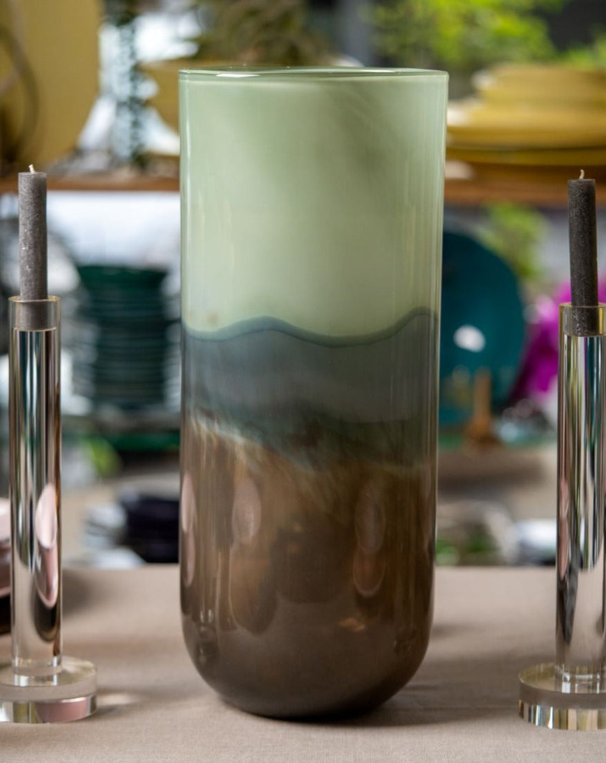 Smoked finish cylinder glass vase with blue, green details